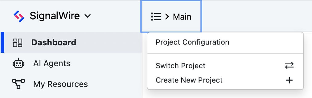 Project settings menu